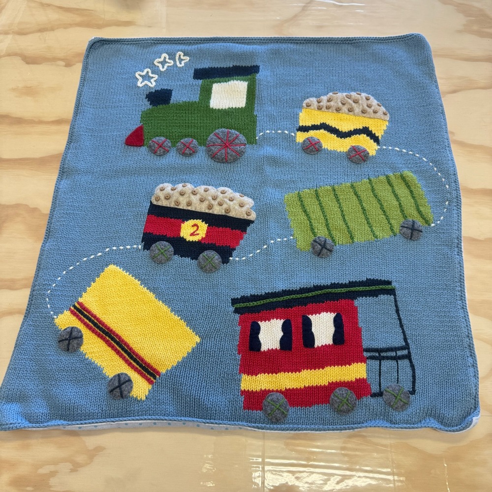 Neiman Marcus Art Walk Nursery Baby Blanket Little Engine Train Navy‎ White OS